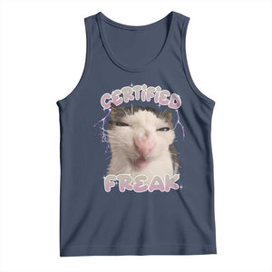 Funny Cat Meme Tank Top Certified Freak Eat Cement Cursed Cat TS02 Navy Print Your Wear