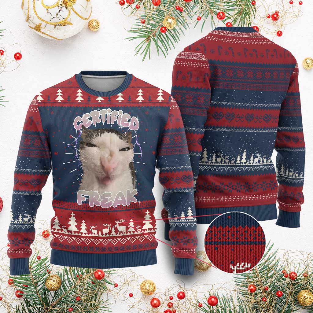 Funny Cat Meme Ugly Christmas Sweater Certified Freak Eat Cement Cursed Cat TS02 Burgundy Print Your Wear