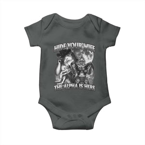 Funny Alpha Wolf Meme Baby Onesie Hide Your Wife The Alpha Is Here Humorous Cringe TS02 Dark Heather Print Your Wear