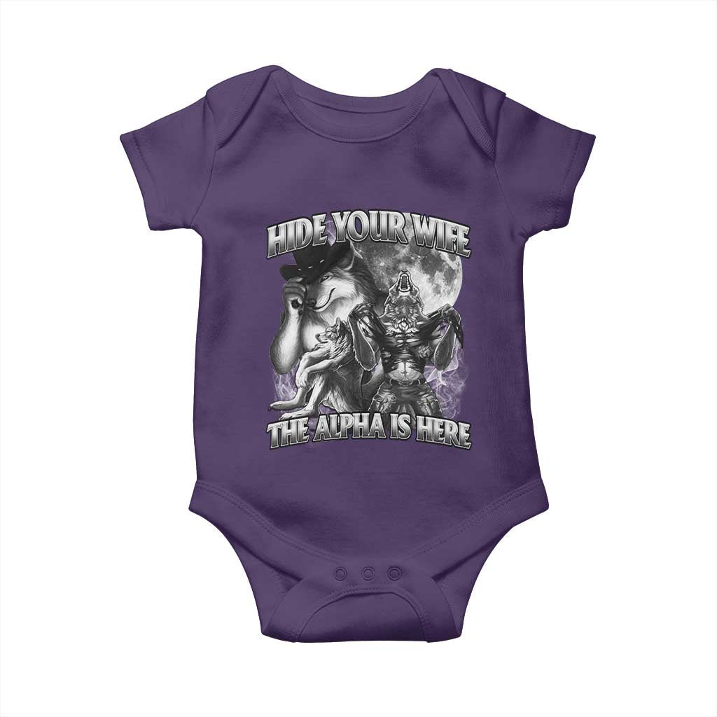 Funny Alpha Wolf Meme Baby Onesie Hide Your Wife The Alpha Is Here Humorous Cringe TS02 Purple Print Your Wear