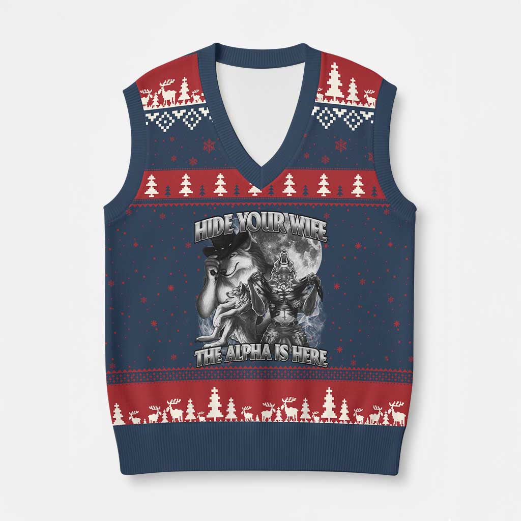 Funny Alpha Wolf Meme V-Neck Knit Sweater Vest Hide Your Wife The Alpha Is Here Humorous Cringe TS02 Navy Red Print Your Wear