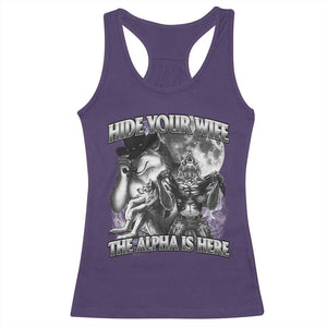 Funny Alpha Wolf Meme Racerback Tank Top Hide Your Wife The Alpha Is Here Humorous Cringe TS02 Purple Print Your Wear