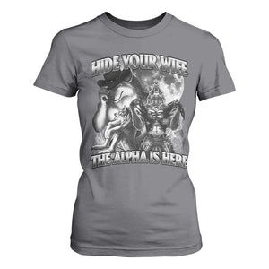Funny Alpha Wolf Meme T Shirt For Women Hide Your Wife The Alpha Is Here Humorous Cringe TS02 Charcoal Print Your Wear
