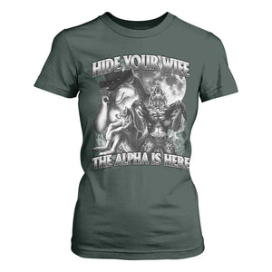 Funny Alpha Wolf Meme T Shirt For Women Hide Your Wife The Alpha Is Here Humorous Cringe TS02 Dark Forest Green Print Your Wear