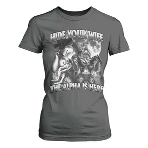 Funny Alpha Wolf Meme T Shirt For Women Hide Your Wife The Alpha Is Here Humorous Cringe TS02 Dark Heather Print Your Wear
