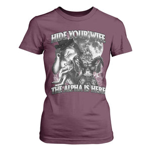 Funny Alpha Wolf Meme T Shirt For Women Hide Your Wife The Alpha Is Here Humorous Cringe TS02 Maroon Print Your Wear