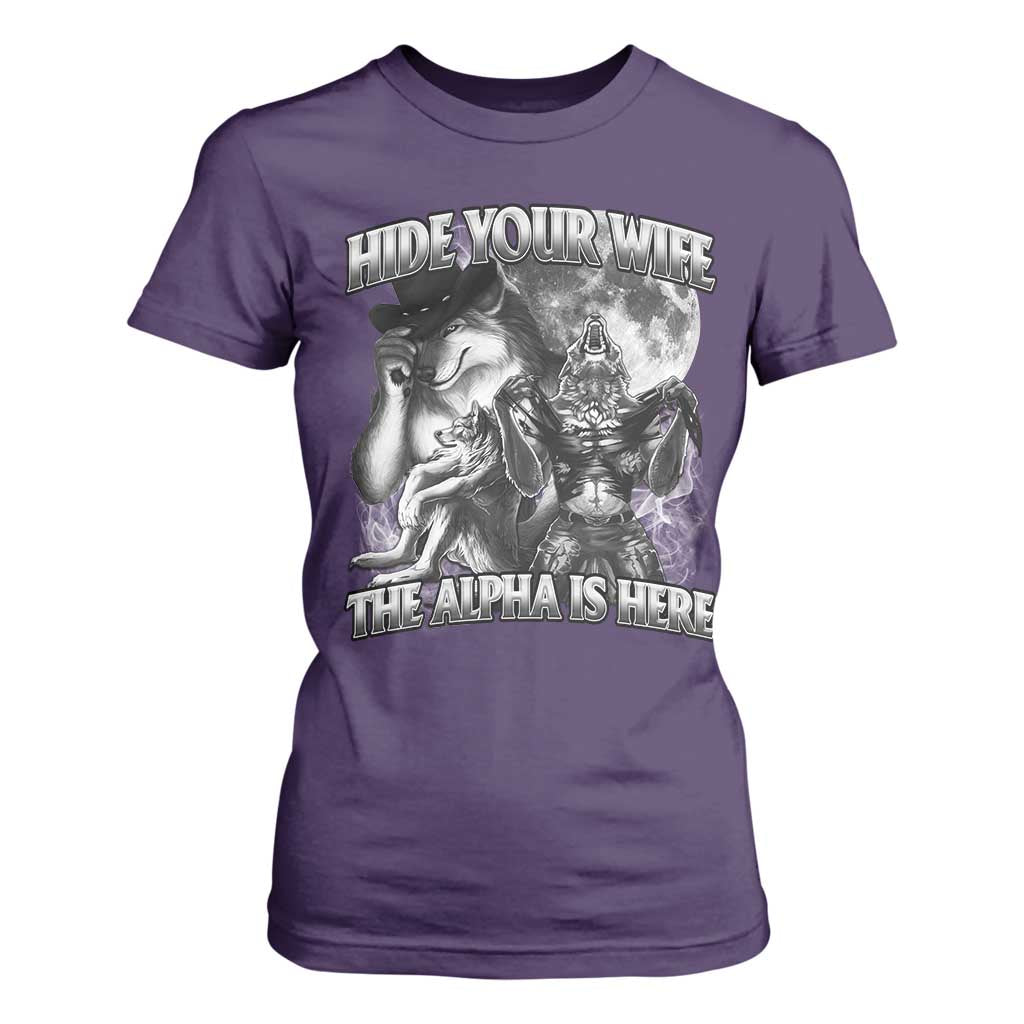 Funny Alpha Wolf Meme T Shirt For Women Hide Your Wife The Alpha Is Here Humorous Cringe TS02 Purple Print Your Wear