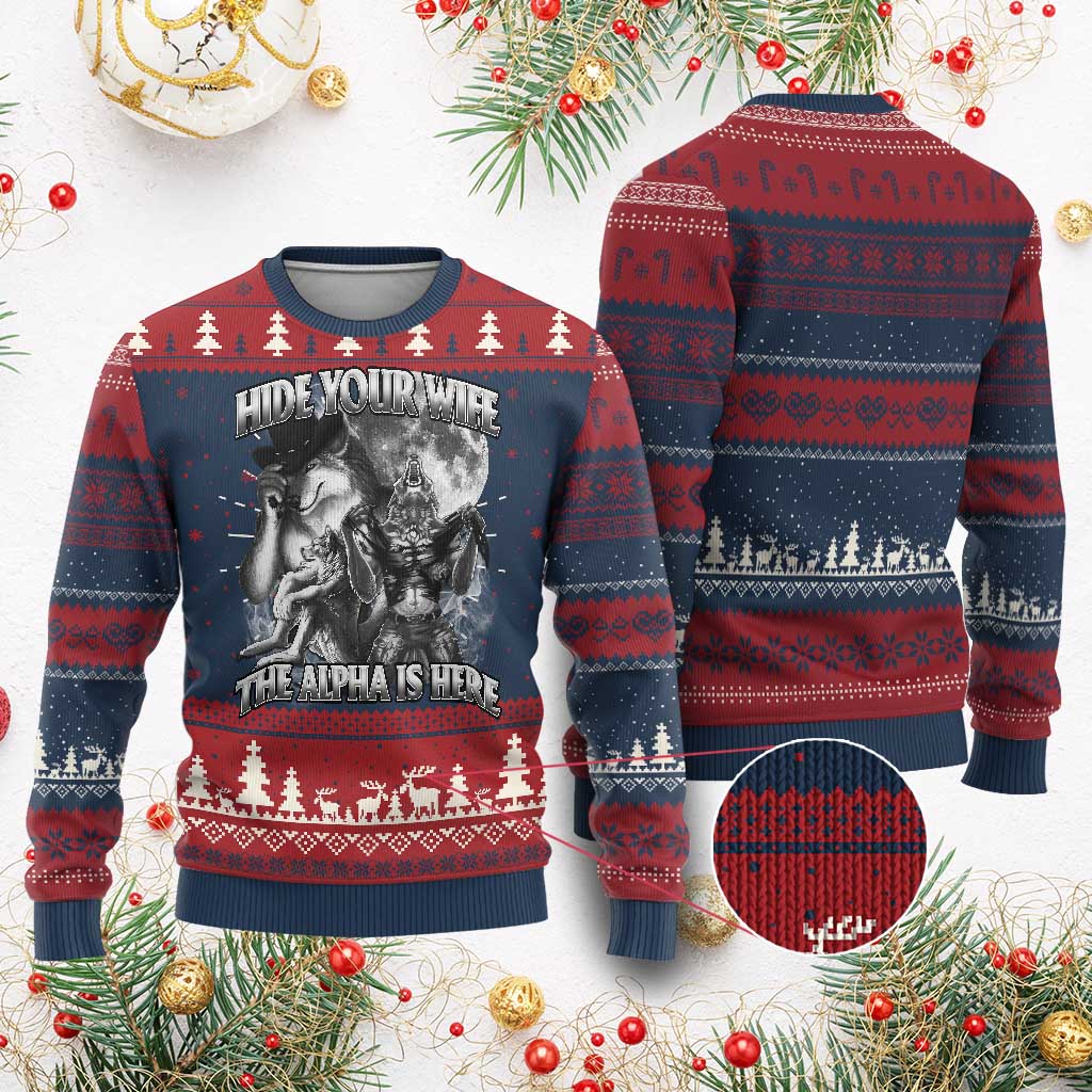 Funny Alpha Wolf Meme Ugly Christmas Sweater Hide Your Wife The Alpha Is Here Humorous Cringe TS02 Burgundy Print Your Wear