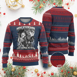 Funny Alpha Wolf Meme Ugly Christmas Sweater Hide Your Wife The Alpha Is Here Humorous Cringe TS02 Burgundy Print Your Wear
