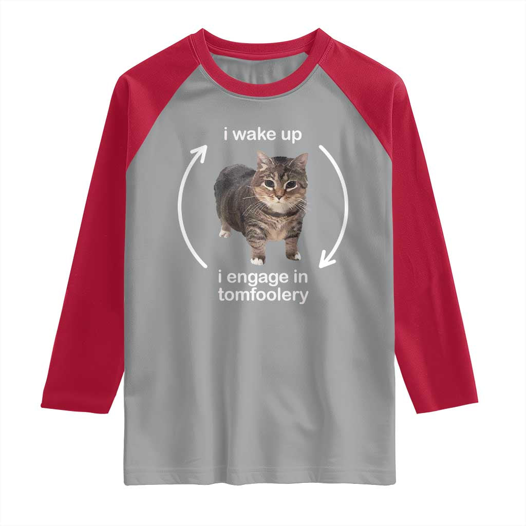 Funny Silly Cat Meme Raglan Shirt I Wake Up I Engage In Tomfoolery TS02 Sport Gray Red Print Your Wear