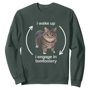 Funny Silly Cat Meme Sweatshirt I Wake Up I Engage In Tomfoolery TS02 Dark Forest Green Print Your Wear