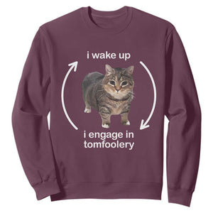 Funny Silly Cat Meme Sweatshirt I Wake Up I Engage In Tomfoolery TS02 Maroon Print Your Wear