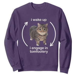 Funny Silly Cat Meme Sweatshirt I Wake Up I Engage In Tomfoolery TS02 Purple Print Your Wear