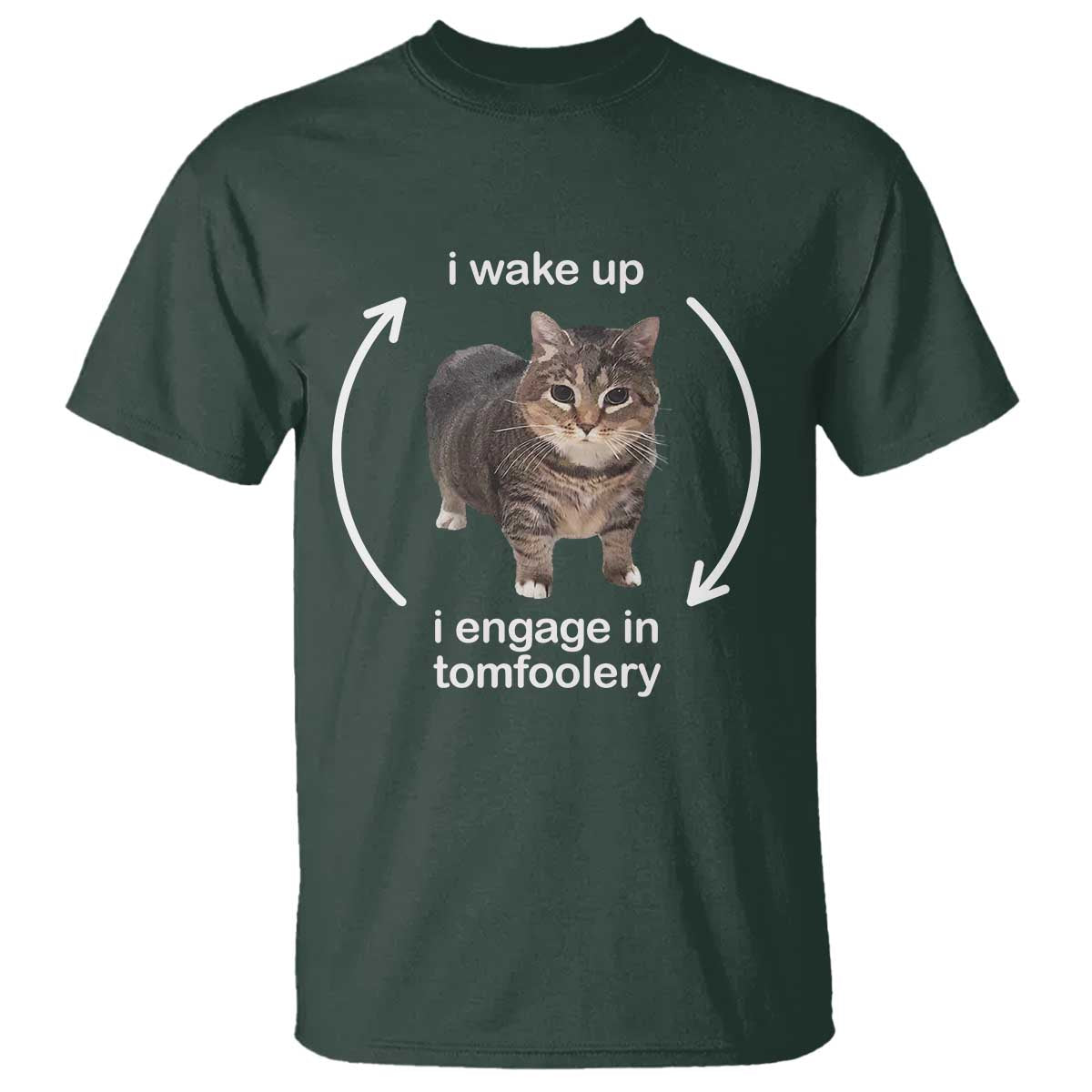 Funny Silly Cat Meme T Shirt I Wake Up I Engage In Tomfoolery TS02 Dark Forest Green Print Your Wear