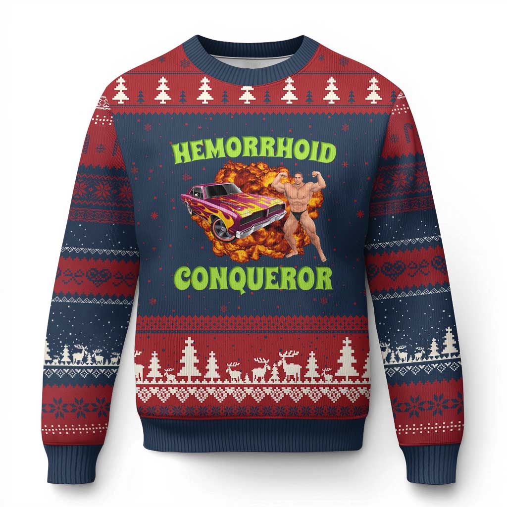 Hemorrhoid Conqueror Ugly Christmas Sweater Funny Oddly Specific Dank Meme Absurd Muscle Car TS02 Navy Red Print Your Wear