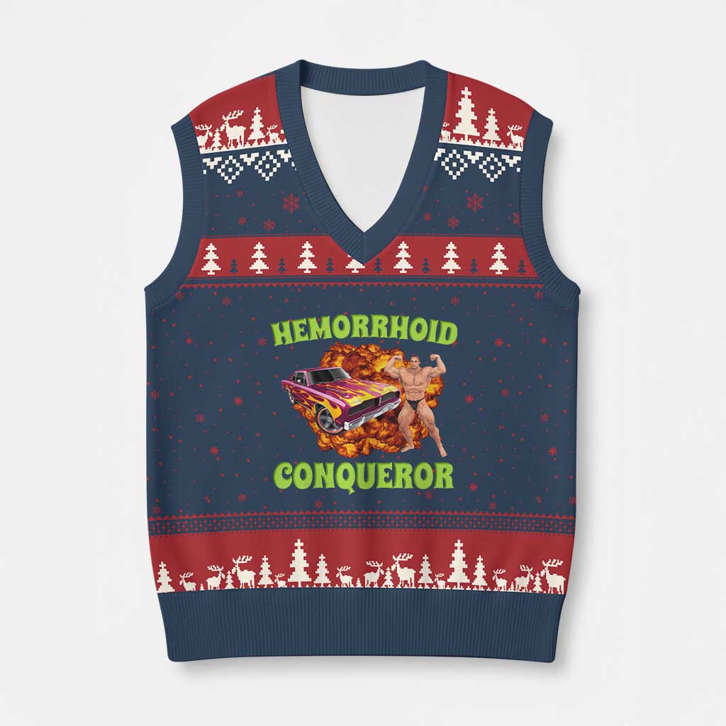 Hemorrhoid Conqueror V-Neck Knit Sweater Vest Funny Oddly Specific Dank Meme Absurd Muscle Car TS02 Navy Red Print Your Wear