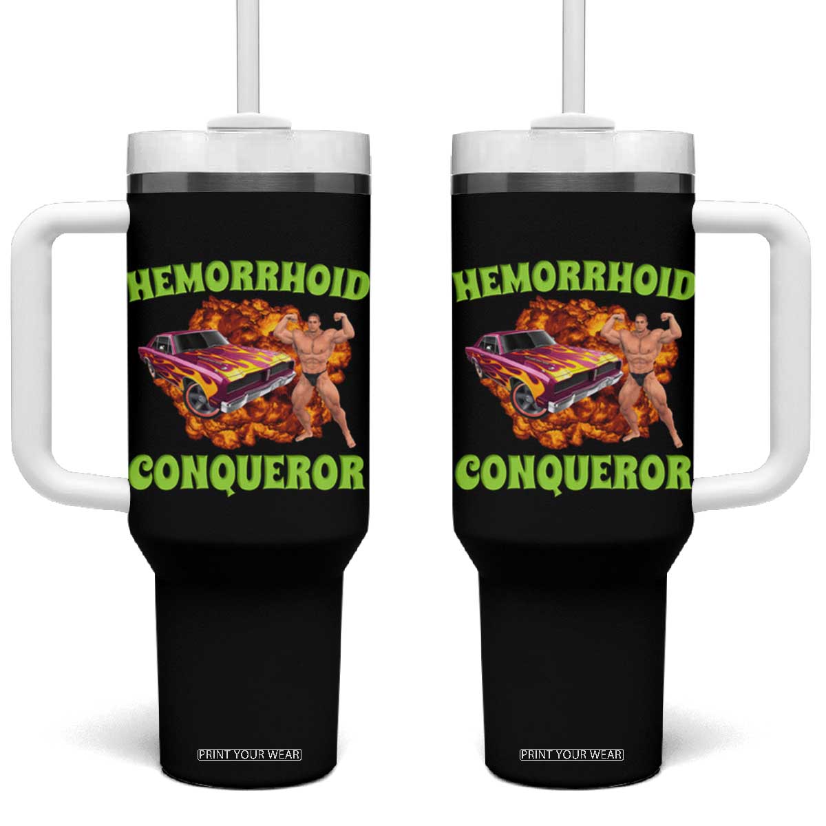 Hemorrhoid Conqueror Tumbler With Handle Funny Oddly Specific Dank Meme Absurd Muscle Car TS02 One Size: 40 oz Black Print Your Wear