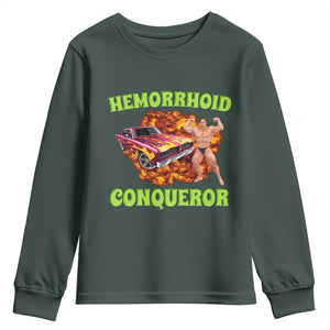 Hemorrhoid Conqueror Youth Sweatshirt Funny Oddly Specific Dank Meme Absurd Muscle Car TS02 Dark Forest Green Print Your Wear