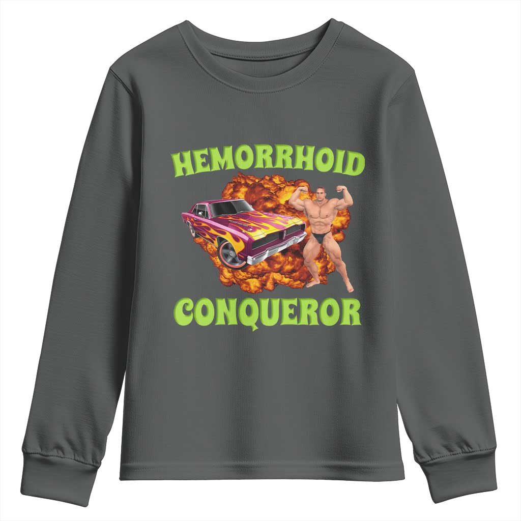 Hemorrhoid Conqueror Youth Sweatshirt Funny Oddly Specific Dank Meme Absurd Muscle Car TS02 Dark Heather Print Your Wear