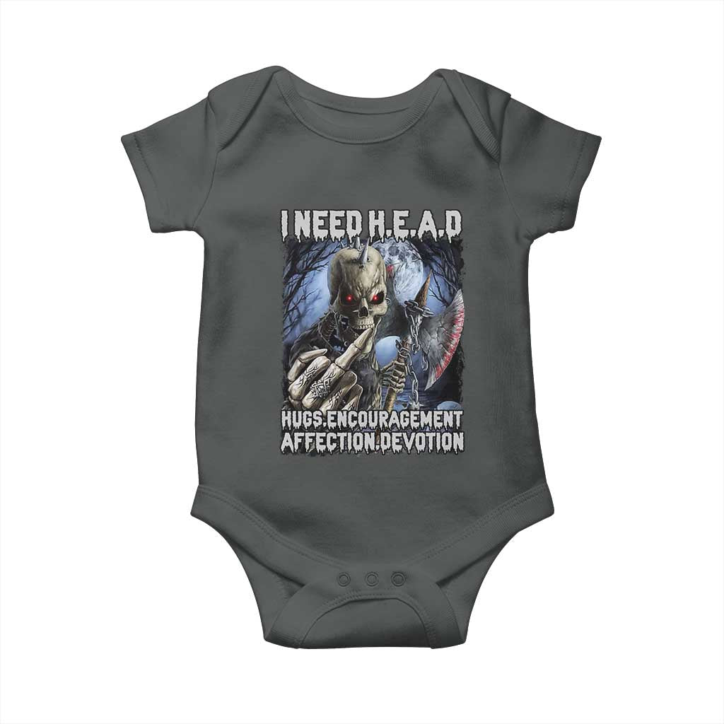 Funny Cringe Hard Skeleton Meme Baby Onesie I Need HEAD Hugs Encouragement Affection Devotion Middle Finger Edgy Hard Cringe TS02 Dark Heather Print Your Wear