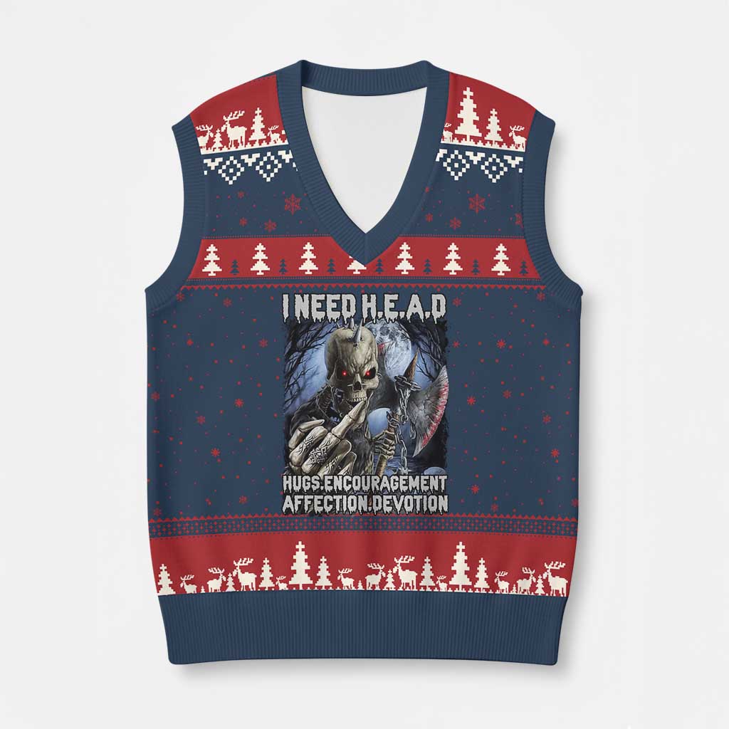 Funny Cringe Hard Skeleton Meme V-Neck Knit Sweater Vest I Need HEAD Hugs Encouragement Affection Devotion Middle Finger Edgy Hard Cringe TS02 Navy Red Print Your Wear