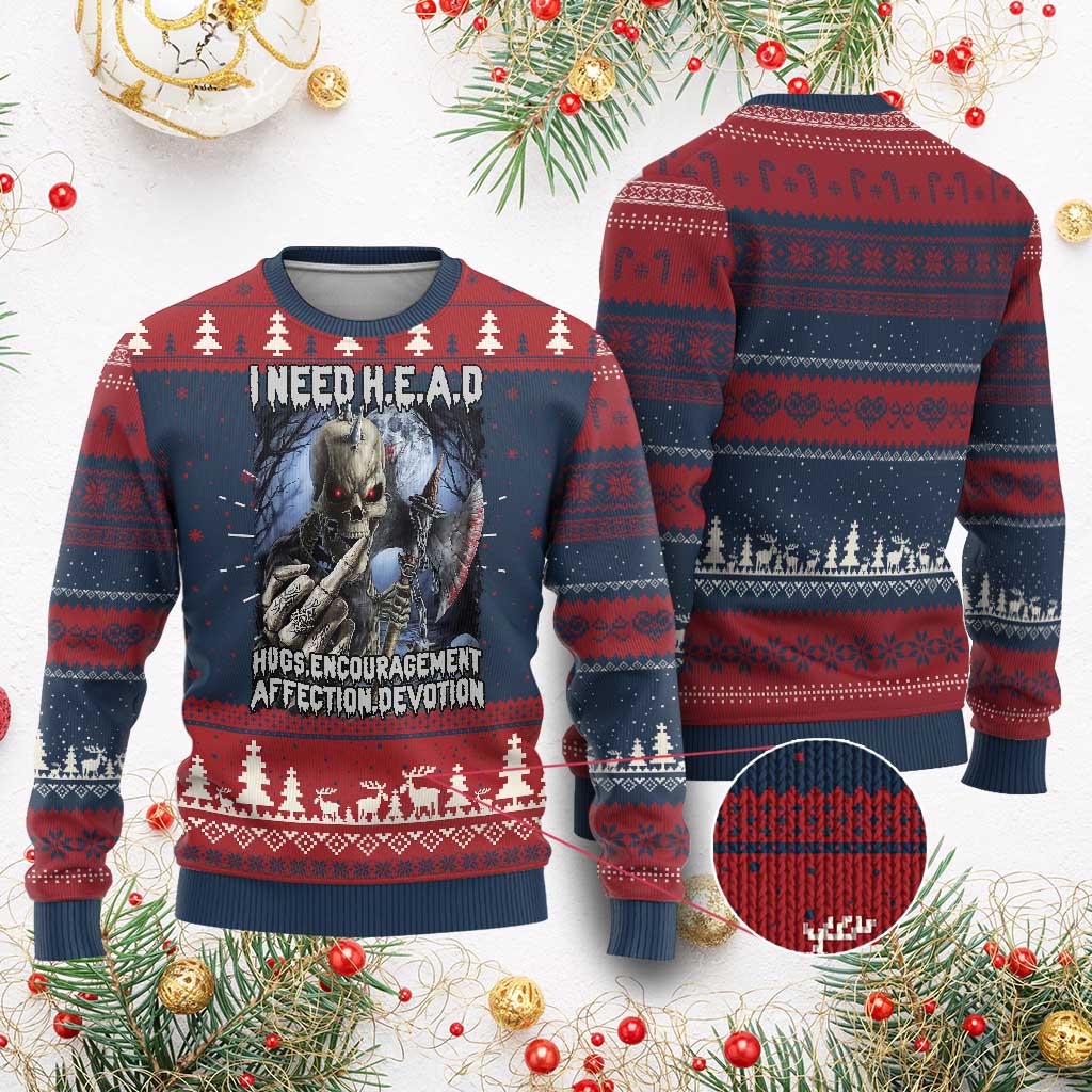 Funny Cringe Hard Skeleton Meme Ugly Christmas Sweater I Need HEAD Hugs Encouragement Affection Devotion Middle Finger Edgy Hard Cringe TS02 Burgundy Print Your Wear