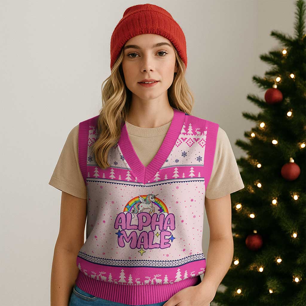 Funny Sarcastic Alpha Male V-Neck Knit Sweater Vest Unicorn Sarcastic Ironic Weird Y2K Humor TS02 Hot Pink Print Your Wear