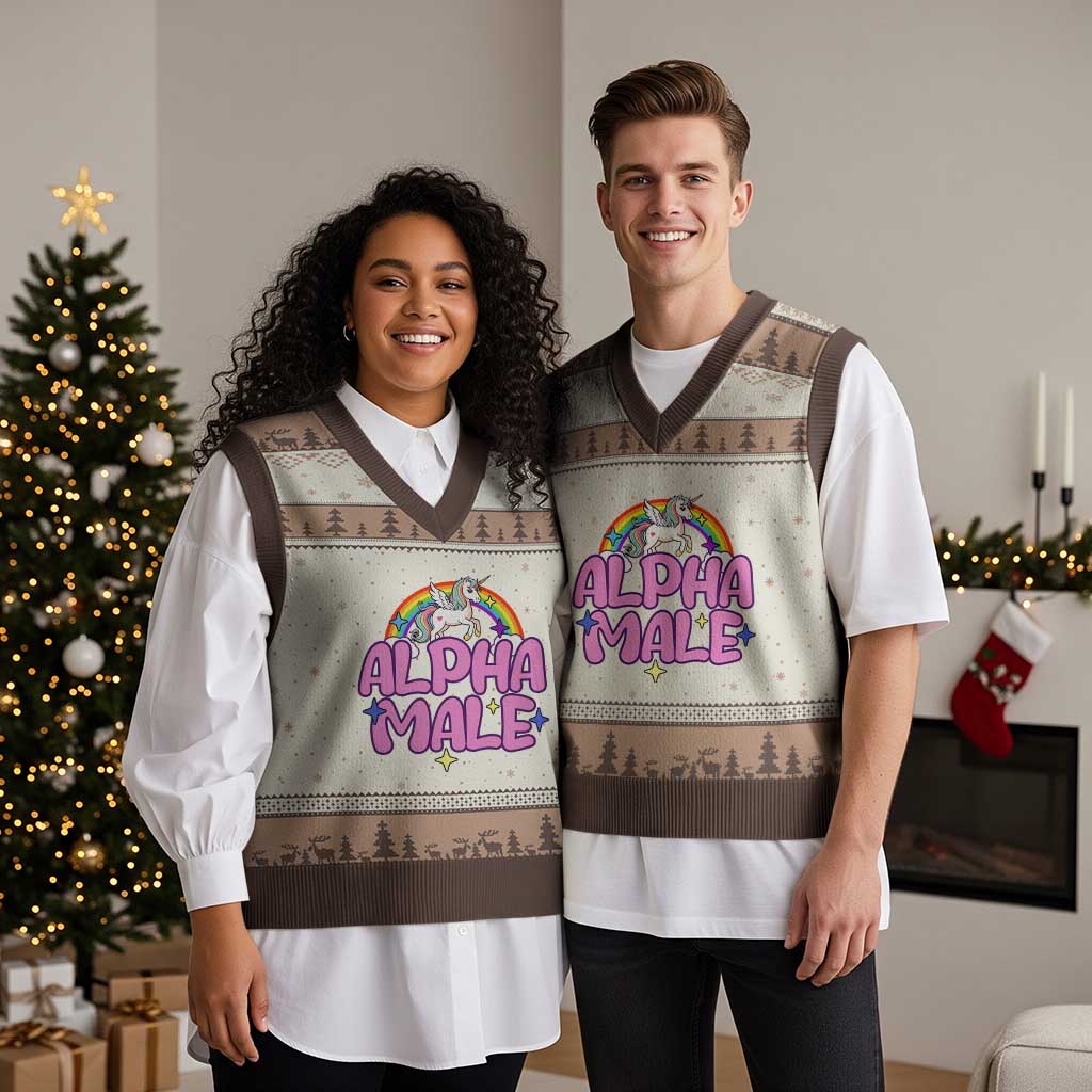 Funny Sarcastic Alpha Male V-Neck Knit Sweater Vest Unicorn Sarcastic Ironic Weird Y2K Humor TS02 Mocha Mousse Print Your Wear