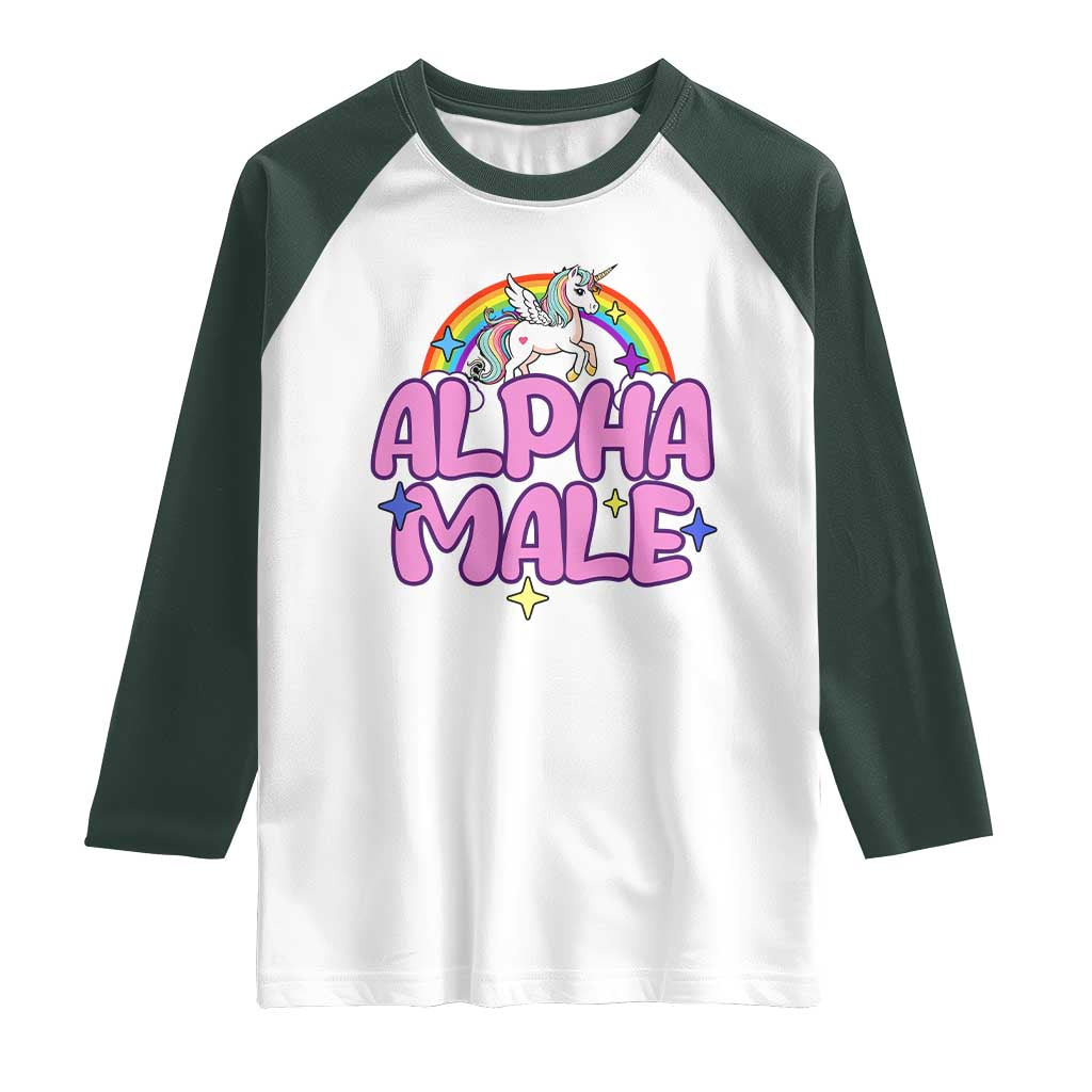 Funny Sarcastic Alpha Male Raglan Shirt Unicorn Sarcastic Ironic Weird Y2K Humor TS02 White Dark Forest Green Print Your Wear