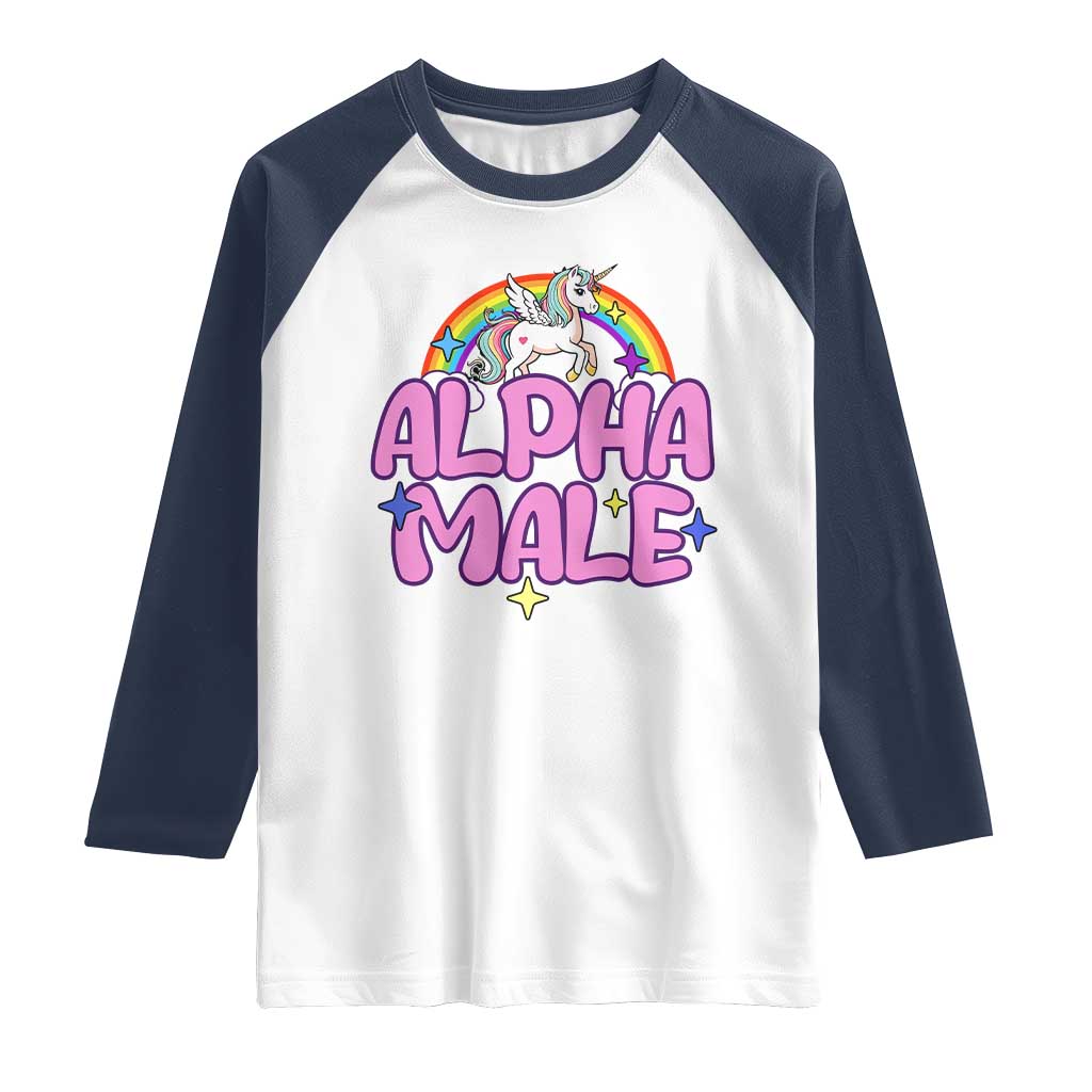 Funny Sarcastic Alpha Male Raglan Shirt Unicorn Sarcastic Ironic Weird Y2K Humor TS02 White Navy Print Your Wear