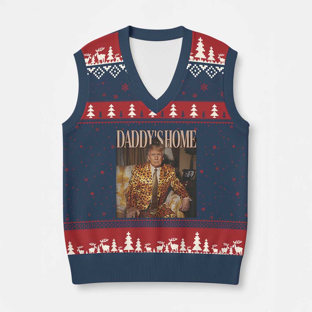Trump Won 2024 V-Neck Knit Sweater Vest Daddy's Home Leopard Funny Gangster TS02 Navy Red Print Your Wear