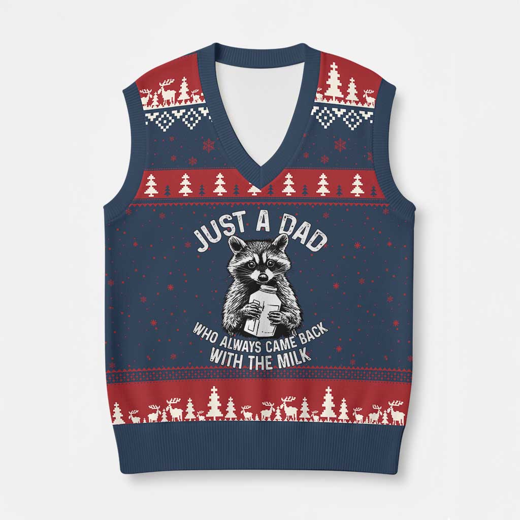 Funny Raccoon Dad Meme V-Neck Knit Sweater Vest Just A Dad Who Always Came Back With The Milk Father Birthday Father's Day TS02 Navy Red Print Your Wear