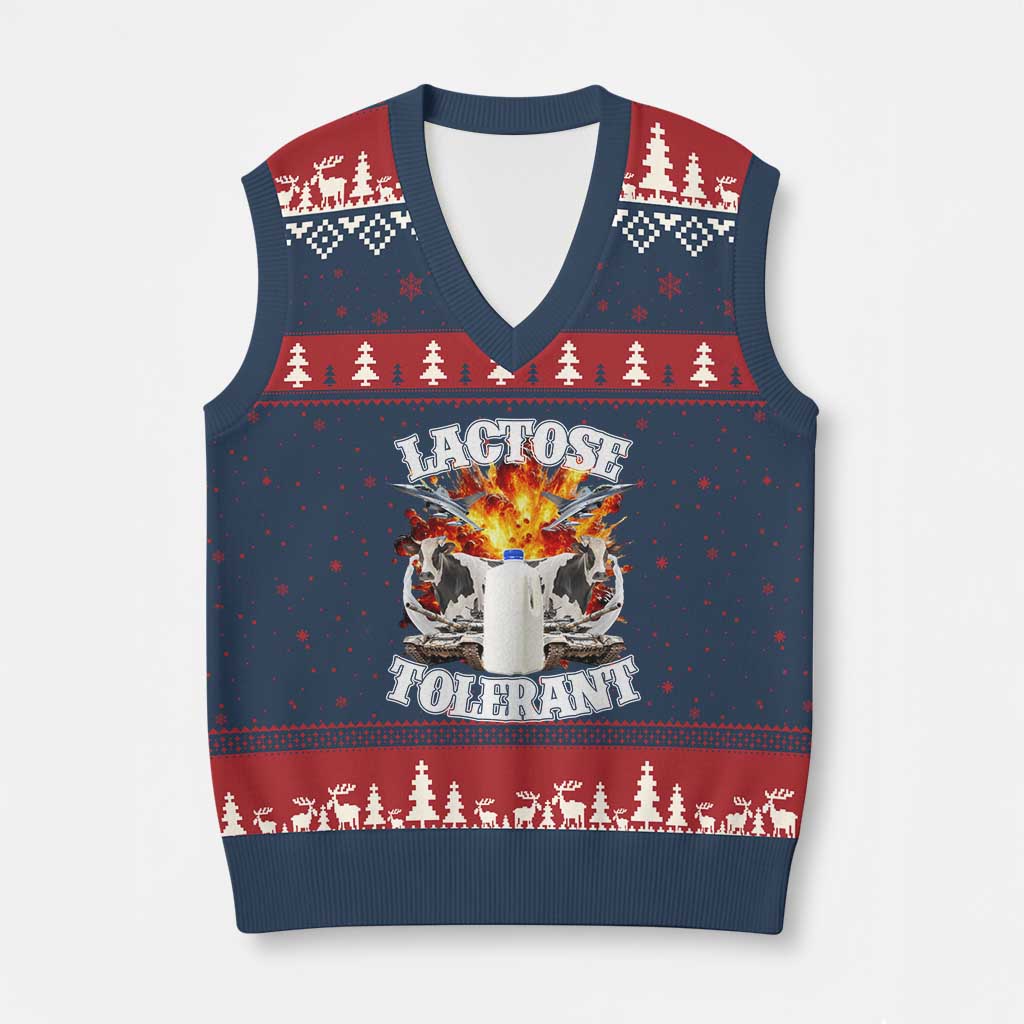 Funny Lactose Tolerant V-Neck Knit Sweater Vest Retro Pro-Dairy Ironic Cringe Meme TS02 Navy Red Print Your Wear