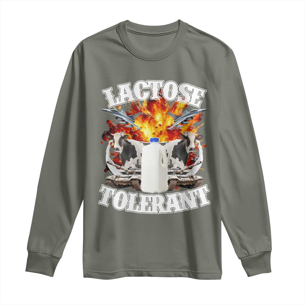 Funny Lactose Tolerant Long Sleeve Shirt Retro Pro-Dairy Ironic Cringe Meme TS02 Military Green Print Your Wear