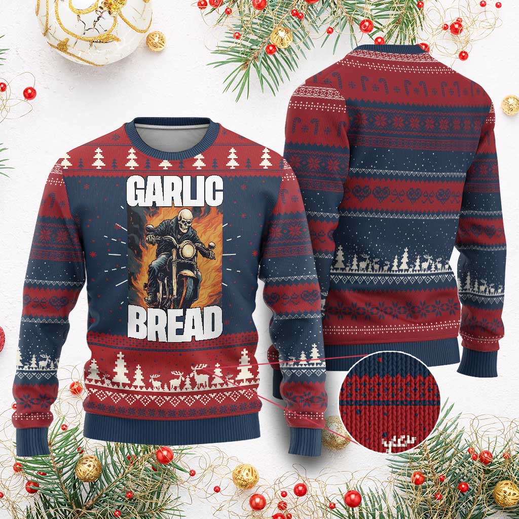 Skeleton Meme Knit Sweatshirt Garlic Bread Flaming Biker On Fire Funny Edgy Hard Cringe TS02 Burgundy Print Your Wear