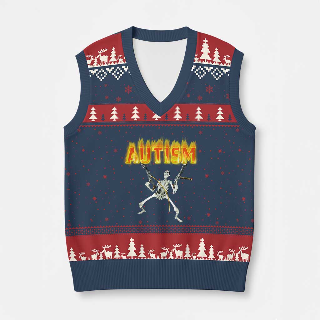 Autism Skeleton V-Neck Knit Sweater Vest Funny Oddly Specific Dank Meme TS02 Navy Red Print Your Wear