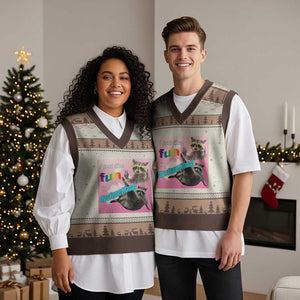 Funny Raccoon Meme V-Neck Knit Sweater Vest I Put The Fun In Dysfunctional TS02 Mocha Mousse Print Your Wear