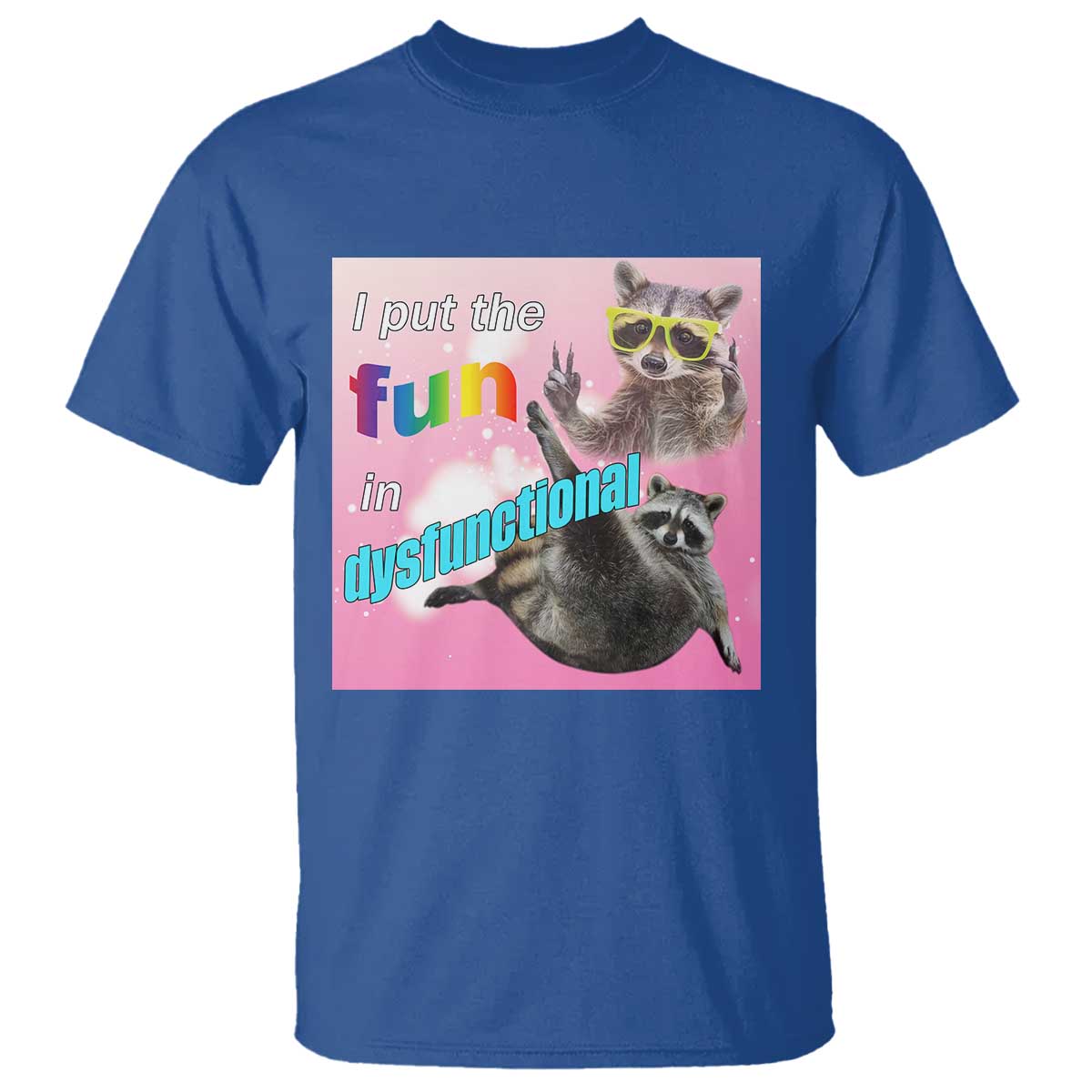 Funny Raccoon Meme T Shirt I Put The Fun In Dysfunctional TS02 Royal Blue Print Your Wear