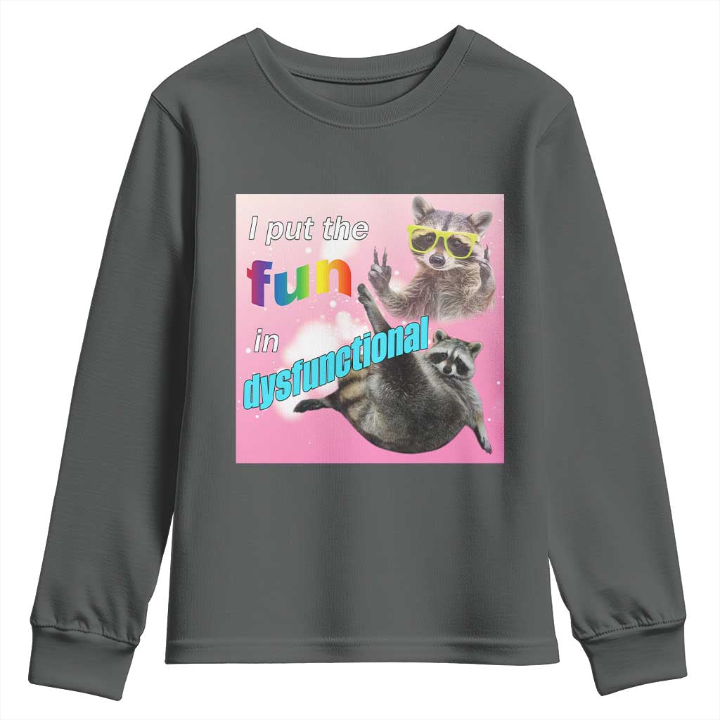 Funny Raccoon Meme Youth Sweatshirt I Put The Fun In Dysfunctional TS02 Dark Heather Print Your Wear