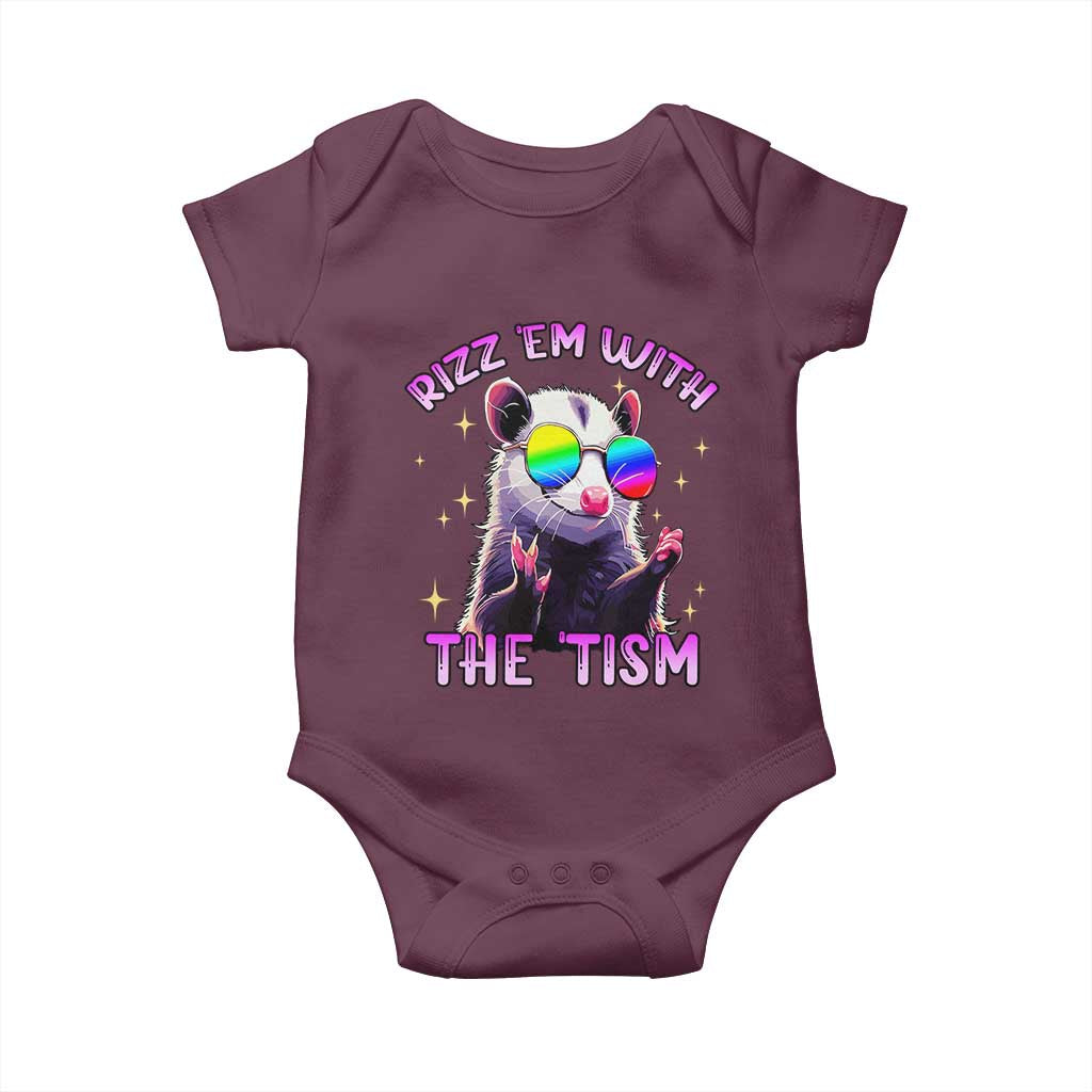 Funny Autism Opossum Baby Onesie Rizz Em With The Tism Meme Autistic TS02 Maroon Print Your Wear