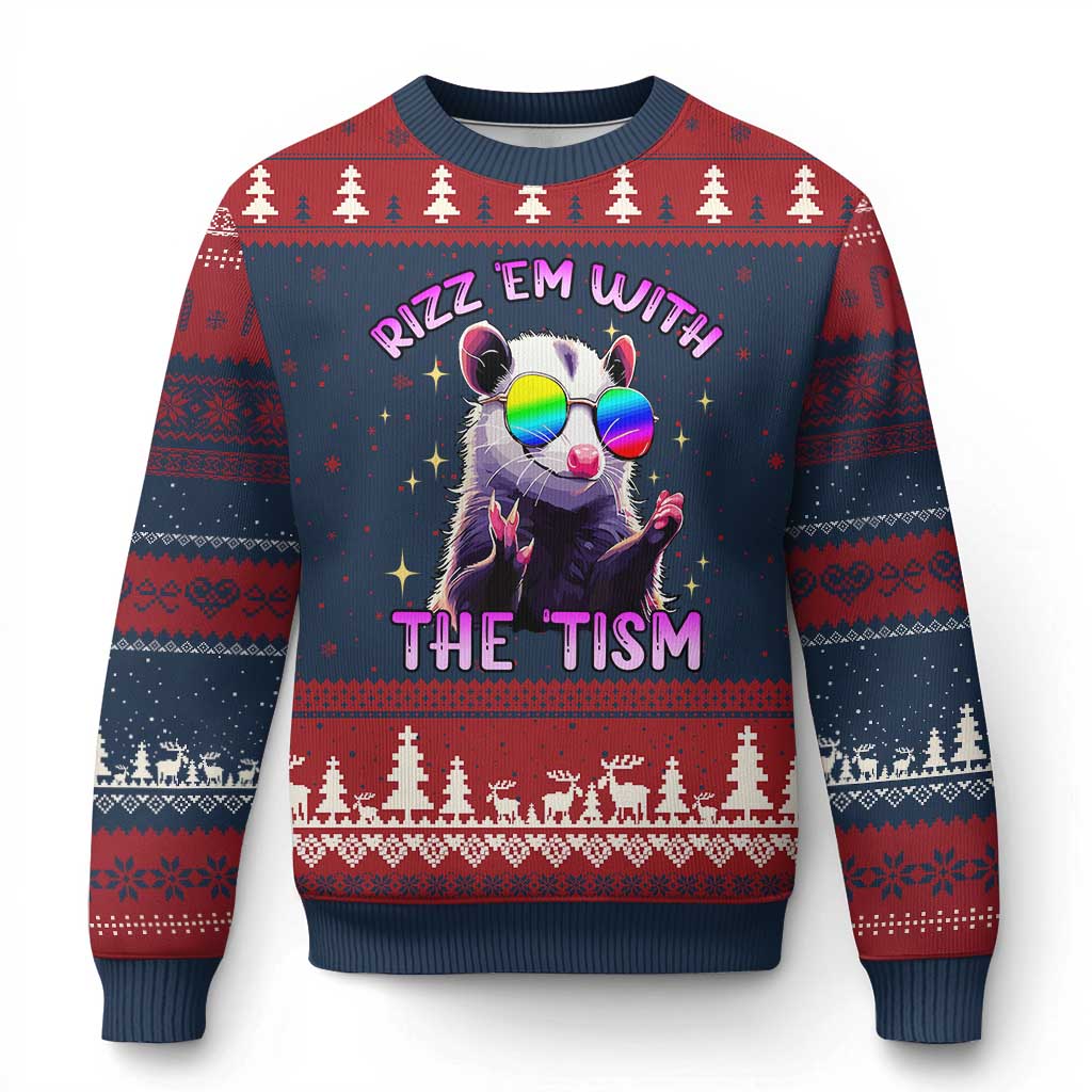 Funny Autism Opossum Ugly Christmas Sweater Rizz Em With The Tism Meme Autistic TS02 Navy Red Print Your Wear