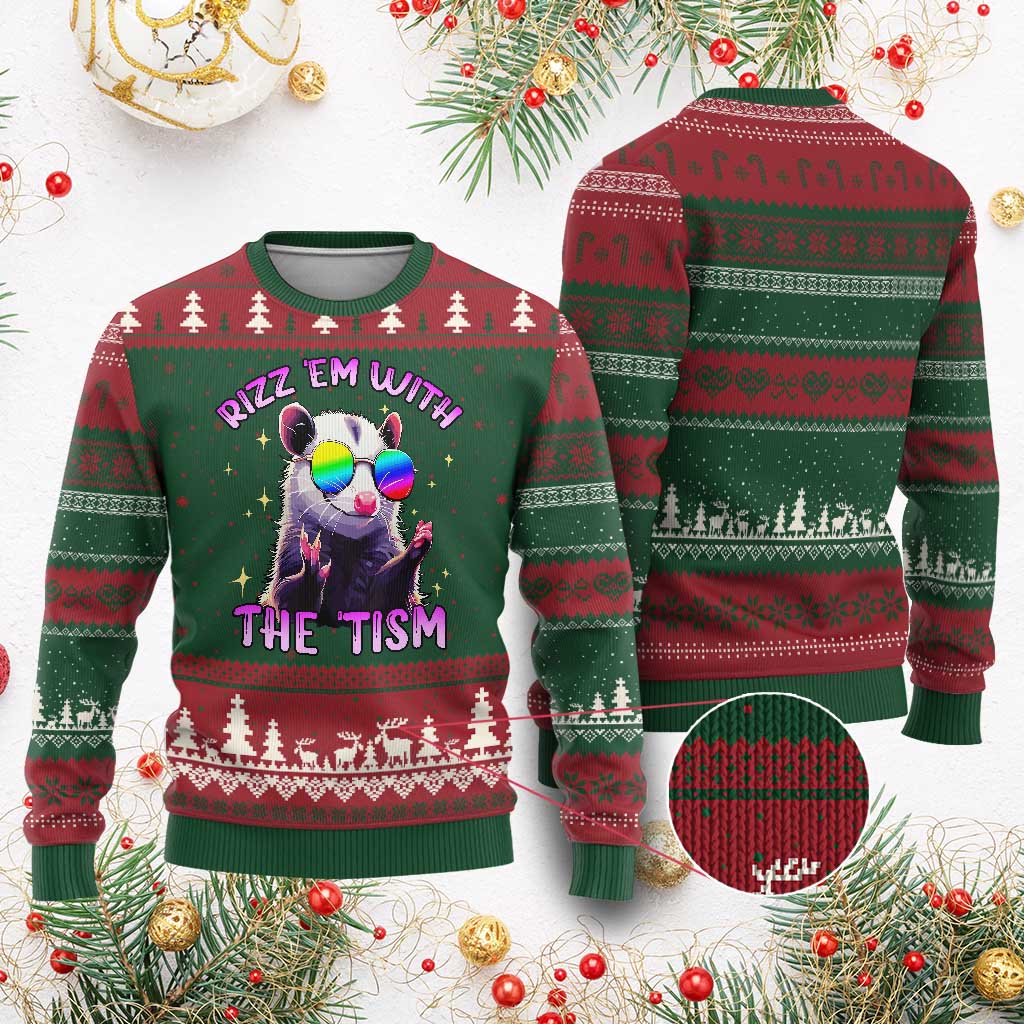 Funny Autism Opossum Ugly Christmas Sweater Rizz Em With The Tism Meme Autistic TS02 Red Green Print Your Wear