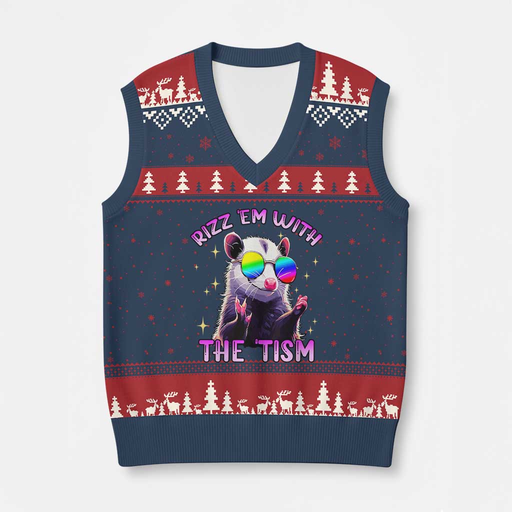 Funny Autism Opossum V-Neck Knit Sweater Vest Rizz Em With The Tism Meme Autistic TS02 Navy Red Print Your Wear
