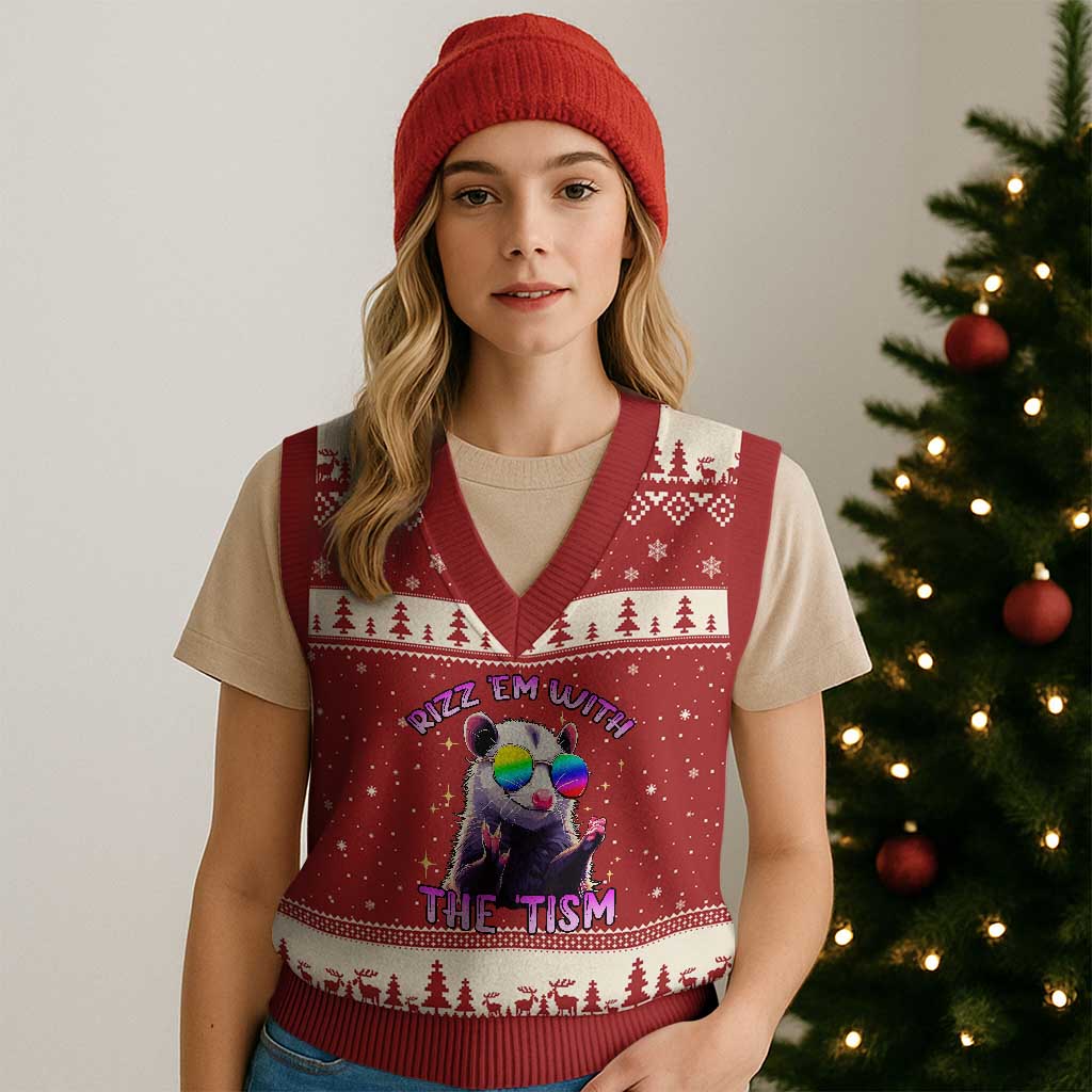 Funny Autism Opossum V-Neck Knit Sweater Vest Rizz Em With The Tism Meme Autistic TS02 Red Beige Print Your Wear
