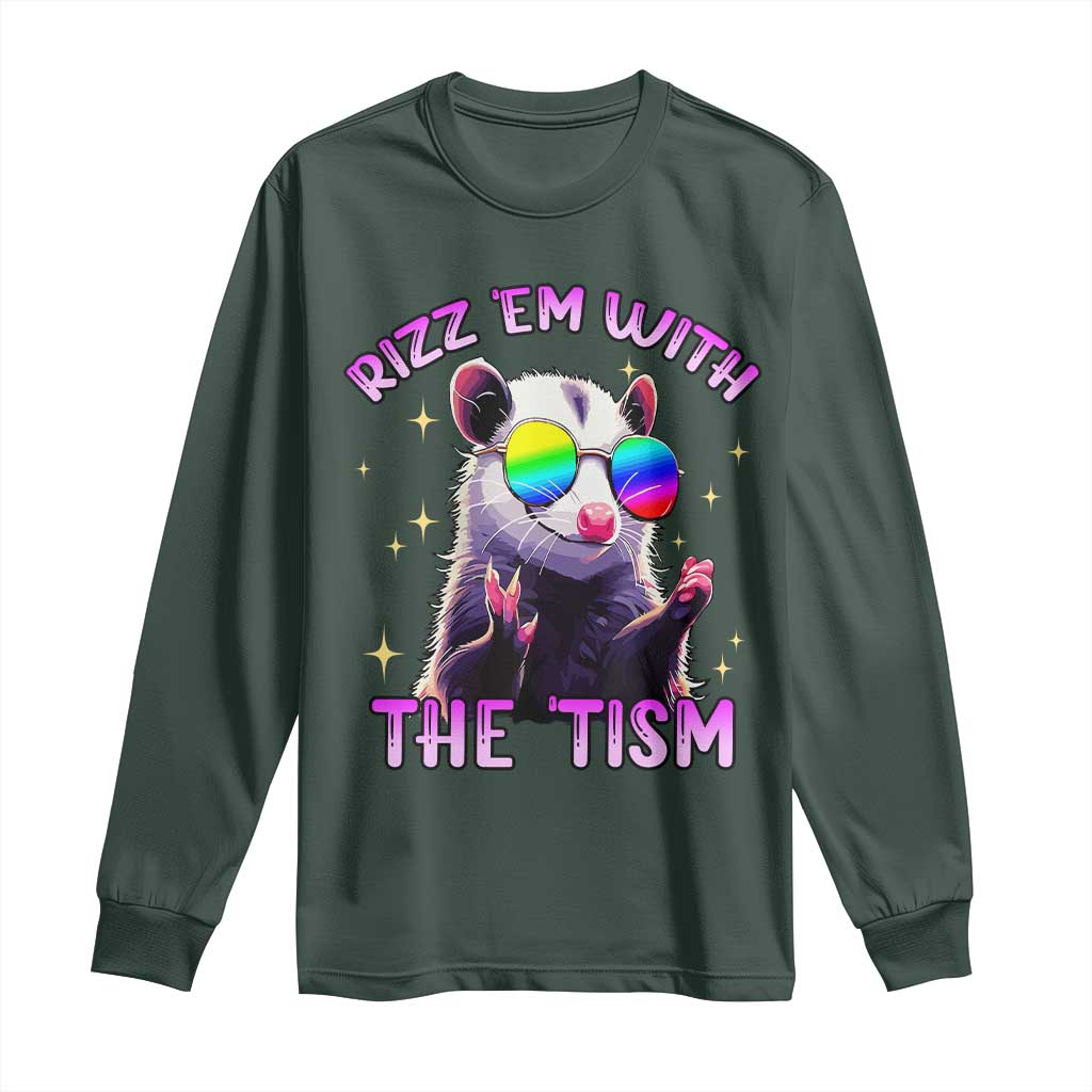 Funny Autism Opossum Long Sleeve Shirt Rizz Em With The Tism Meme Autistic TS02 Dark Forest Green Print Your Wear