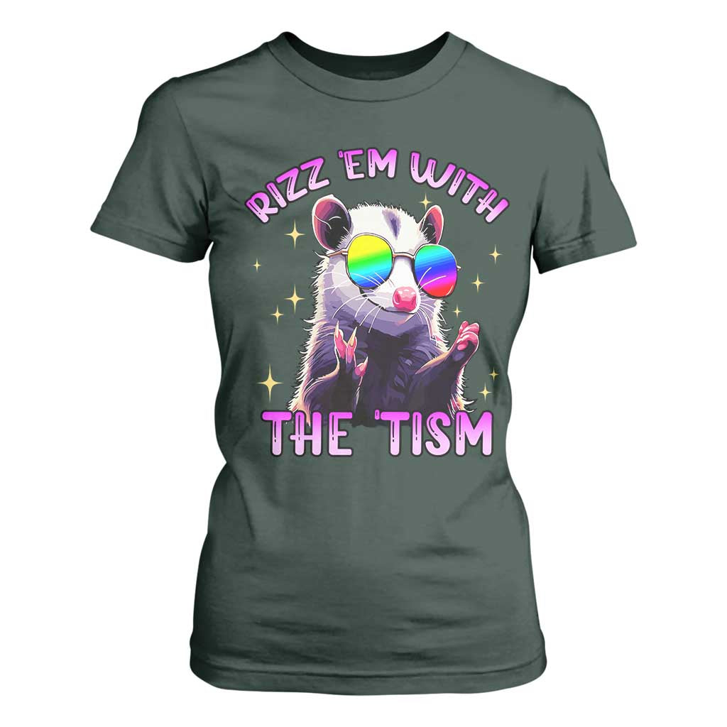 Funny Autism Opossum T Shirt For Women Rizz Em With The Tism Meme Autistic TS02 Dark Forest Green Print Your Wear