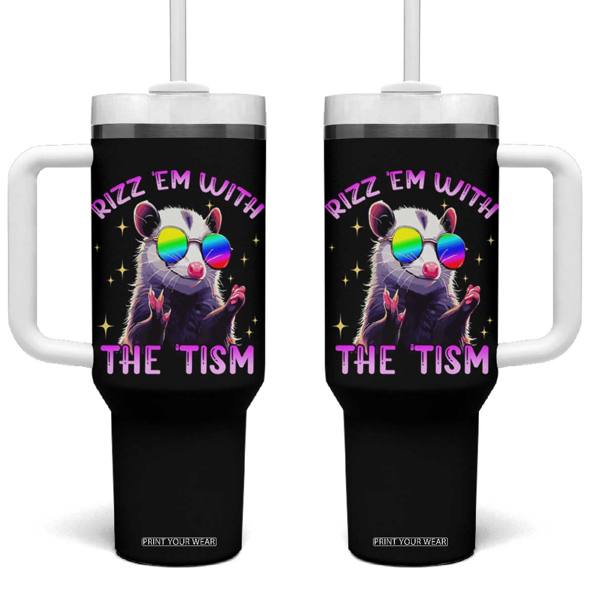 Funny Autism Opossum Tumbler With Handle Rizz Em With The Tism Meme Autistic TS02 One Size: 40 oz Black Print Your Wear
