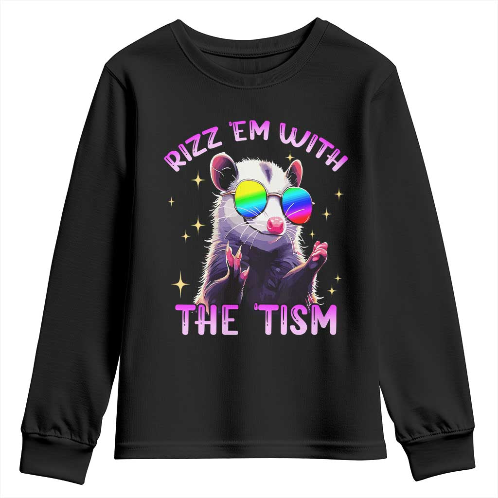 Funny Autism Opossum Youth Sweatshirt Rizz Em With The Tism Meme Autistic TS02 Black Print Your Wear