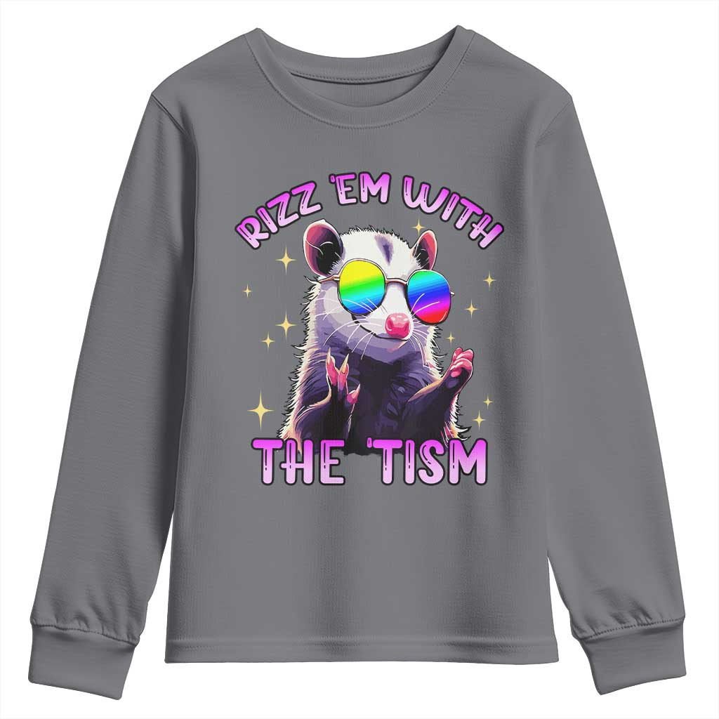 Funny Autism Opossum Youth Sweatshirt Rizz Em With The Tism Meme Autistic TS02 Charcoal Print Your Wear