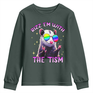 Funny Autism Opossum Youth Sweatshirt Rizz Em With The Tism Meme Autistic TS02 Dark Forest Green Print Your Wear